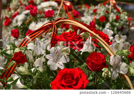 Basket with red rose and lily Saint George ribbon 126645666