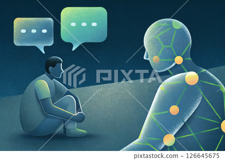 A man is depressed and asks for help from an artificial intelligence chat. Conversation with a humanoid robot 126645675