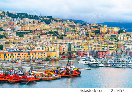 Colorful Hillside Cityscape and Marina in Genoa, Italy. View of Porto Antico Colorful Hillside Cityscape and Marina in Genoa, Italy. View of Porto Antico 126645723