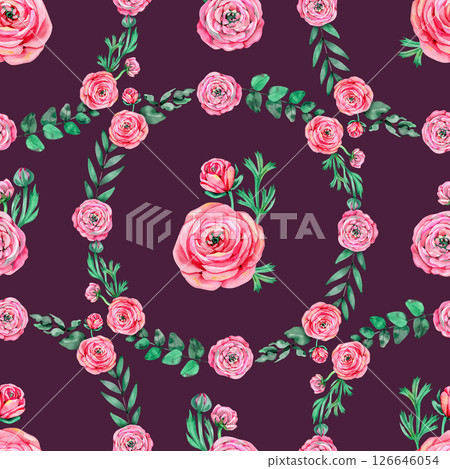 Mothers Day pink peonies buttercup flowers with eucaluptus leaves watercolor seamless pattern on white. Floral garden roses repeat background for spring wedding design and fabrics 126646054