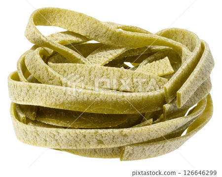 Nest of dry green egg pasta tagliatelle with spinach, isolated background Nest of dry green egg pasta tagliatelle with spinach, isolated background 126646299