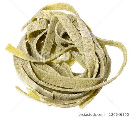 Nest of dry green egg pasta tagliatelle with spinach, isolated background Nest of dry green egg pasta tagliatelle with spinach, isolated background 126646300