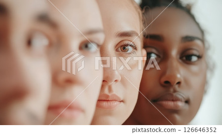 Close up of three diverse young women standing together, representing concepts of unity, diversity, and racial harmony in a modern and inclusive society 126646352