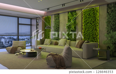 Living Room with Vertical Garden & Night View 126646353