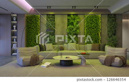 Symmetrical Living Room with Green Wall Panels 126646354