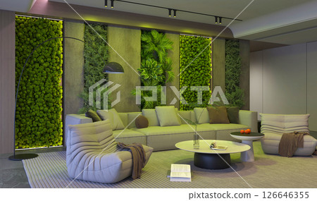 Living Room with Vertical Garden & Night View 126646355