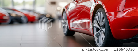 Low angle view of a shiny red electric vehicle in a contemporary car dealership, emphasizing the sleek design and the showroom environment with other vehicles blurred in the background 126646356