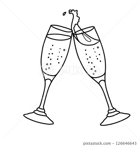 Two clinking Champagne glasses with splash in doodle style. Vector minimalistic illustration isolated on a background. For New Year or Wedding design. 126646643
