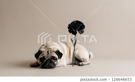 Black flowers and sad pug dog 126646653