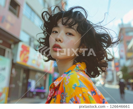 Portrait of a young woman with her hair blowing in the wind - a dynamic moment with an urban cityscape in the background 126646661