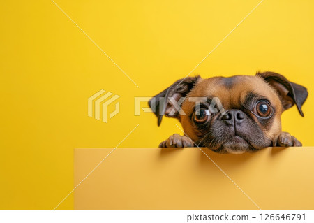 Dog peeking over yellow surface 126646791