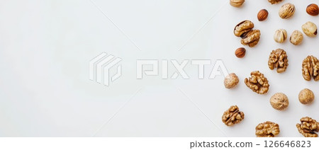 Diverse assortment of nuts on a plain background 126646823