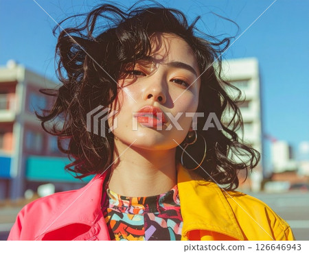 Portrait of a young woman with a strong gaze, colorful outfit and urban blue sky background 126646943