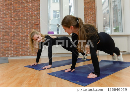 Two women doing plank exercise on yoga mats indoors. Two women doing plank exercise on yoga mats indoors. 126646959