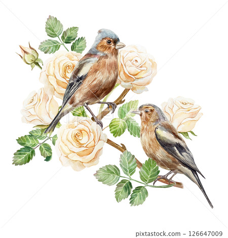 Beautiful roses in peach tones, sitting birds. Hand drawn watercolor illustration of pastel flowers isolated. Vintage birthday, valentines day, mothers day cards, invitations, banners, posters. Beautiful roses in peach tones, sitting birds. Hand drawn watercolor illustration of pastel flowers isolated. Vintage birthday, valentines day, mothers day cards, invitations, banners, posters. 126647009