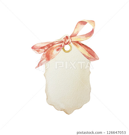 Paper gift tag with bow. Vintage label. Hand drawn watercolor illustration isolated on white. For birthday, valentines day, mothers day greeting cards, invitations, banners. 126647053