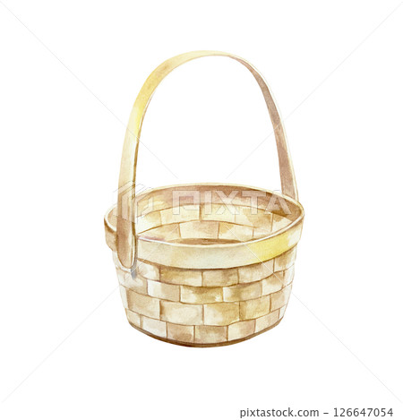 Wicker basket with handle. Hand drawn watercolor illustration isolated on white. For postcards, invitations, summer banners, design element of bouquets, berries, fruits. Wicker basket with handle. Hand drawn watercolor illustration isolated on white. For postcards, invitations, summer banners, design element of bouquets, berries, fruits. 126647054