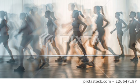 Hazy figures move in sync during an indoor bootcamp session 126647187