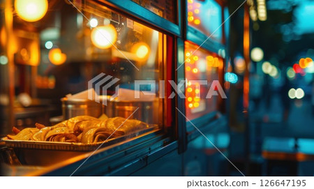 Blurry lights and shadows playing on food truck window 126647195