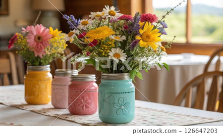 Centered on the table a vibrant bouquet of wildflowers rests in a collection of mason jars each uniquely shaped adding a cheerful touch to the inviting atmosphere.. 126647203
