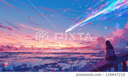 The sky is aglow with the striking path of the radiant comet as it shoots through the atmosphere with unmatched speed 126647218