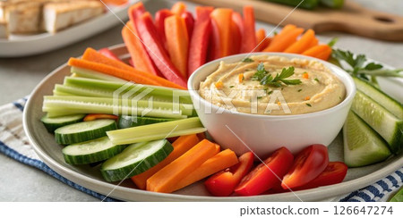 Veggie and Hummus Platter A closeup of fresh carrot sticks cucumber slices and bell pepper strips accompanied by a bowl of creamy hummus for dipping.. 126647274