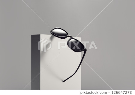 Black sun-protective glasses hanging on white banner. 126647278