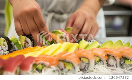 A student delicately arranging slices of colorful tropical fruit on top of their sushi roll creating a beautiful and delicious presentation A student delicately arranging slices of colorful tropical fruit on top of their sushi roll creating a beautiful and delicious presentation 126647282