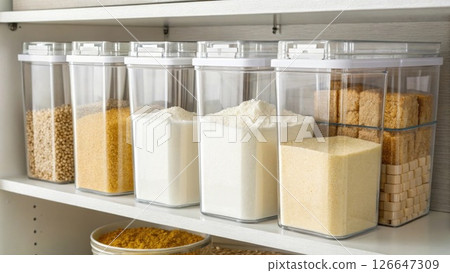 Baking Essentials A section dedicated to baking flour sugar and baking powder is meticulously organized. Each item resides in transparent containers that offer clear visibility. Baking Essentials A section dedicated to baking flour sugar and baking powder is meticulously organized. Each item resides in transparent containers that offer clear visibility. 126647309