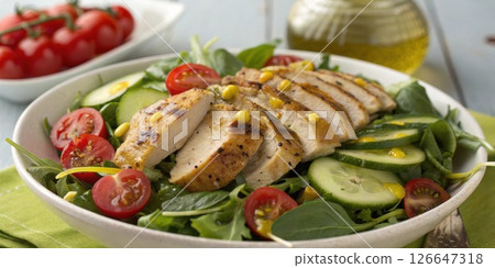 Grilled Chicken Salad A closeup of a mixed green salad with grilled chicken slices cherry tomatoes and cucumber drizzled with a lemon vinaigrette enhancing the fresh and healthy. Grilled Chicken Salad A closeup of a mixed green salad with grilled chicken slices cherry tomatoes and cucumber drizzled with a lemon vinaigrette enhancing the fresh and healthy. 126647318