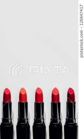 Five red lipsticks standing on white background showing different shades, creating a gradient from light red to dark red, perfect for beauty and makeup projects 126647417