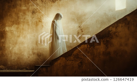 Ghostly figure draped in white ascending an ancient, crumbling staircase in an abandoned building, surrounded by ethereal light that evokes haunting solitude and eerie beauty 126647419