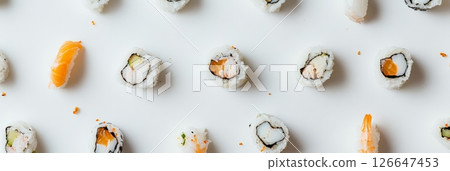 Different types of sushi, including nigiri and maki rolls with salmon, shrimp, and other fillings, are floating against a clean white background, creating an appetizing culinary pattern 126647453