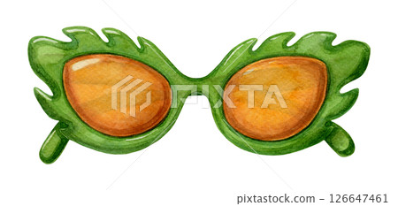 Trendy sunglasses with green leaf shape frame and yellow lenses. Hand drawn watercolor illustration of fashion accessory. Vacation drawing perfect for summer card template and holiday season design. Trendy sunglasses with green leaf shape frame and yellow lenses. Hand drawn watercolor illustration of fashion accessory. Vacation drawing perfect for summer card template and holiday season design. 126647461