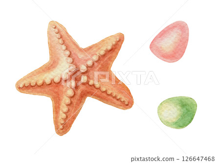Set of beige starfish and sea glass. Hand drawn watercolor marine illustration of ocean animal and beach decor with realistic texture. Perfect for summer card template and holiday season design. Set of beige starfish and sea glass. Hand drawn watercolor marine illustration of ocean animal and beach decor with realistic texture. Perfect for summer card template and holiday season design. 126647468