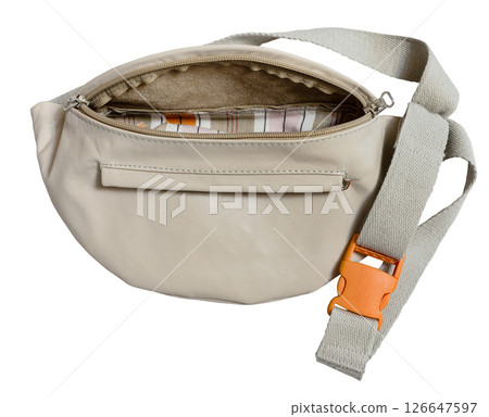 empty grey waist bag with orange clasp isolated empty grey waist bag with orange clasp isolated 126647597