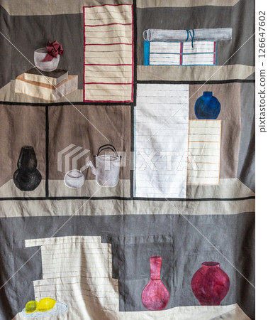 handcrafted textile wall panel depicting cupboard handcrafted textile wall panel depicting cupboard 126647602