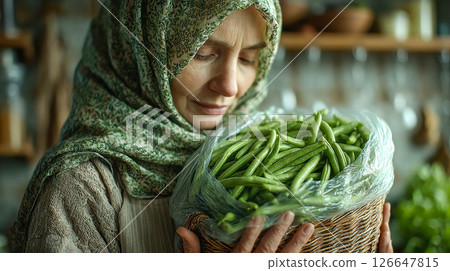 Elderly woman wearing a patterned headscarf lovingly holds a basket filled with fresh green beans in a rustic kitchen 126647815