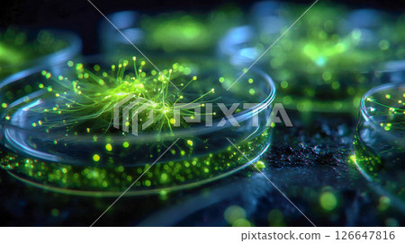 Glowing green and yellow lights illuminate a futuristic petri dish, symbolizing biotechnology and scientific innovation 126647816