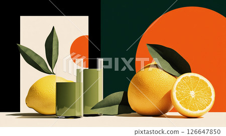 Fresh lemons and green lemonade in glasses, surrounded by vibrant leaves and colorful abstract shapes, creating a refreshing summer beverage concept with copy space 126647850
