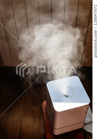 emitting water by household humidifier in room emitting water by household humidifier in room 126647971