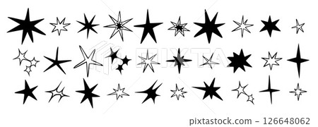 Stars, sparks and spikes, Black and white abstract scribble style set. Trendy modern vector illustration isolated on white background, hand drawn Stars, sparks and spikes, Black and white abstract scribble style set. Trendy modern vector illustration isolated on white background, hand drawn 126648062