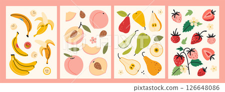 Vertical cards with banana, peach, pear and strawberry, whole fruits, slices and seeds. Healthy eating, vitamins and natural nutrition. Trendy modern vector illustrations, flat 126648086