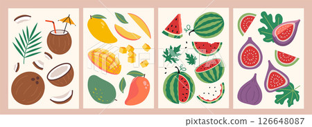 Vertical cards with mango, coconut, watermelon and fig, whole fruits, slices and seeds. Healthy eating, vitamins and natural nutrition. Trendy modern vector illustrations, flat Vertical cards with mango, coconut, watermelon and fig, whole fruits, slices and seeds. Healthy eating, vitamins and natural nutrition. Trendy modern vector illustrations, flat 126648087