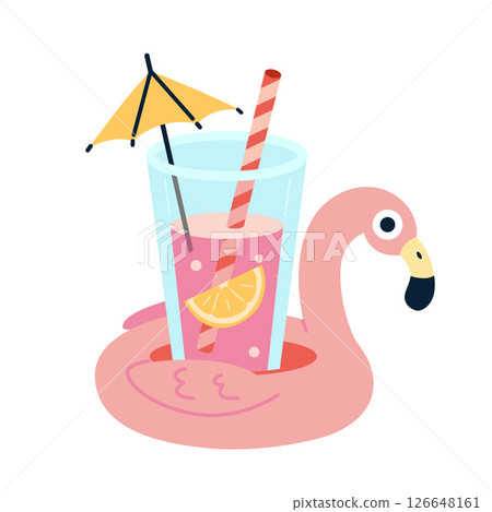 Pink drink with lemon slice, straw and umbrella in a flamingo float. Fun summer vacation concept in flat style. Trendy modern vector illustration isolated on white background, hand drawn 126648161