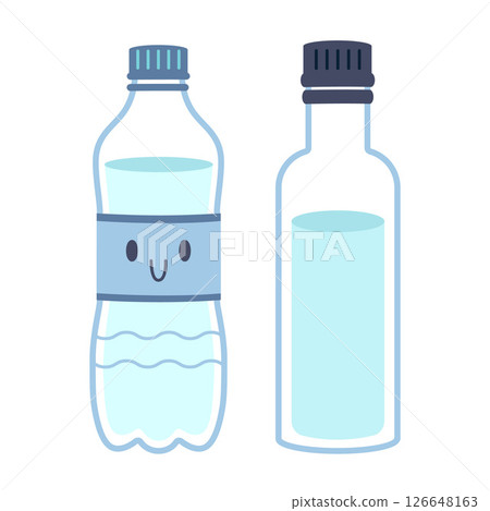 Two plastic water bottles in flat style, one with a cute face. Hydration concept. Trendy modern vector illustration isolated on white background, hand drawn Two plastic water bottles in flat style, one with a cute face. Hydration concept. Trendy modern vector illustration isolated on white background, hand drawn 126648163