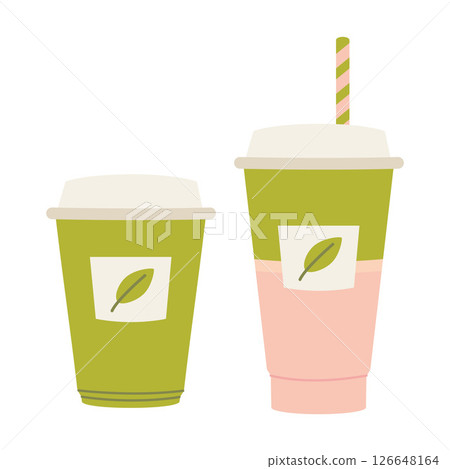 Two takeaway cups with leaf labels, matcha latte drinks in cute flat style. Trendy modern vector illustration isolated on white background, hand drawn 126648164