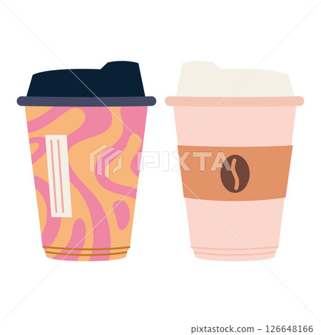 Two stylish takeaway coffee cups with artistic designs and lids, flat style. Trendy modern vector illustration isolated on white background, hand drawn 126648166