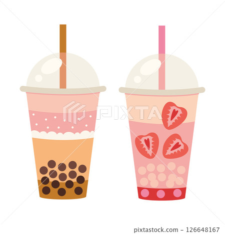 Colorful Boba or Bubble tea cups with tapioca pearls and fruit toppings. Trendy modern vector illustration isolated on white background, hand drawn 126648167