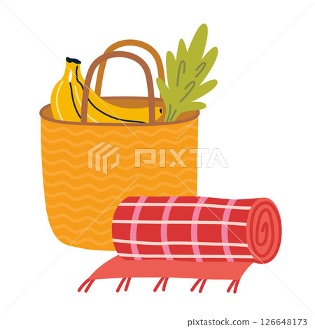 Picnic basket with bananas, greens, and a rolled up red checkered blanket. Trendy modern vector illustration isolated on white background, hand drawn, flat design Picnic basket with bananas, greens, and a rolled up red checkered blanket. Trendy modern vector illustration isolated on white background, hand drawn, flat design 126648173